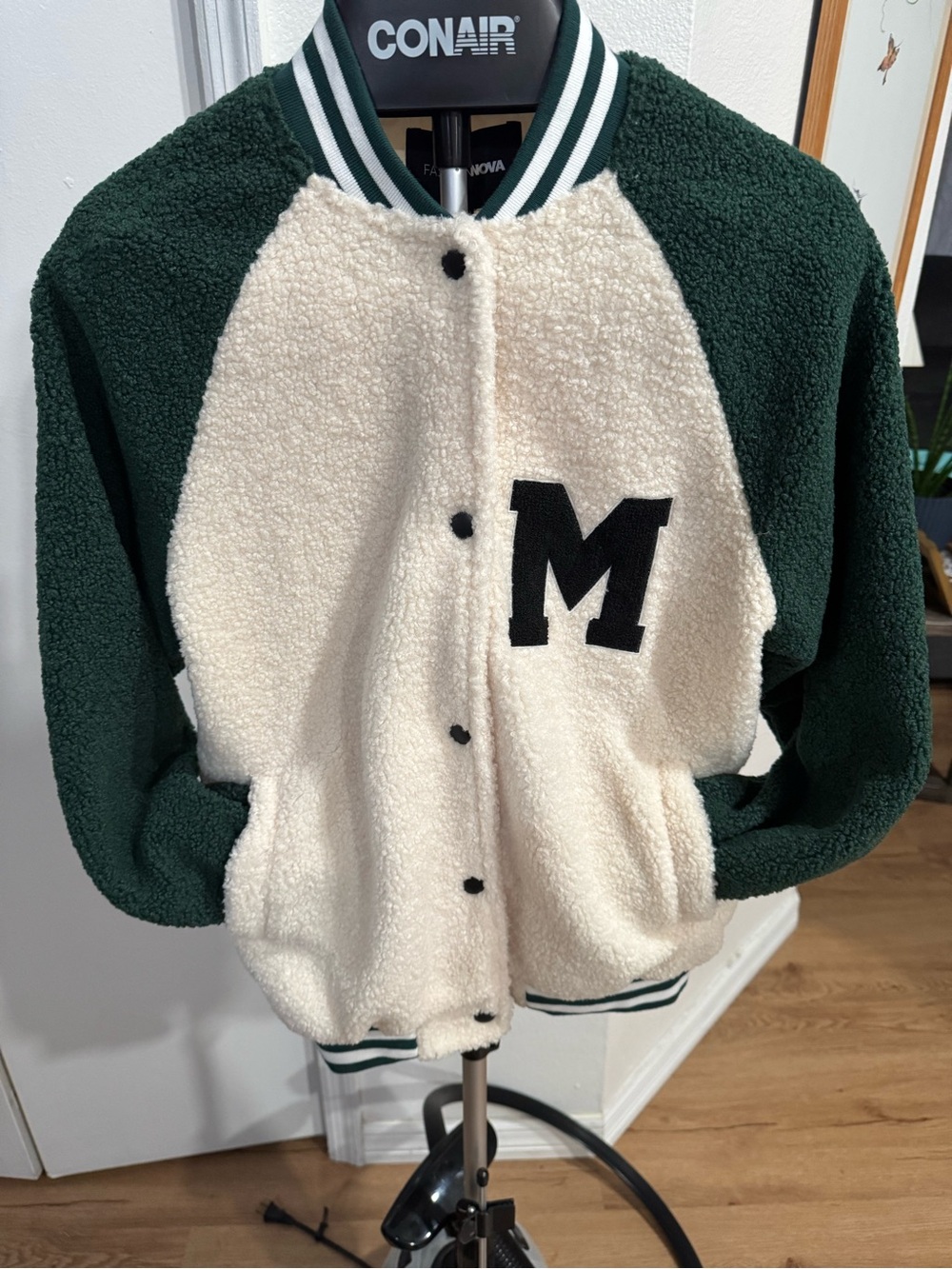 Fashion Nova Cream Sherpa Varsity Jacket with Green Accents